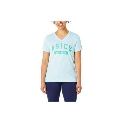 Asics Короткий рукав EST 1977 V-образный вырез Tee T-рубашка Женская Светло-синяя