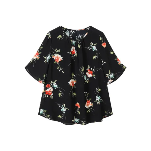 H YXIANG T Рубашка Женская Черная с Розовым Узором