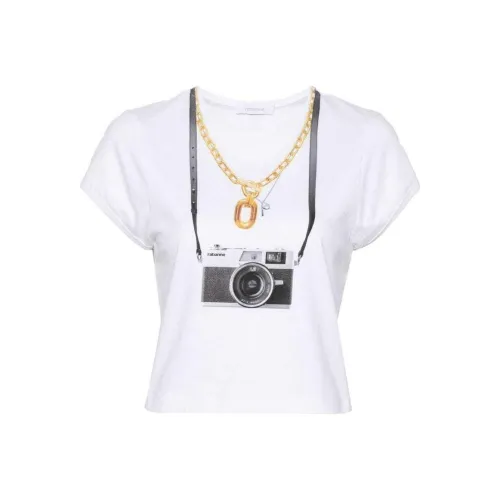 Paco Rabanne Фотография С принтом Круглый вырез Облегающий крой Короткий рукав Т-рубашка Женская Белая