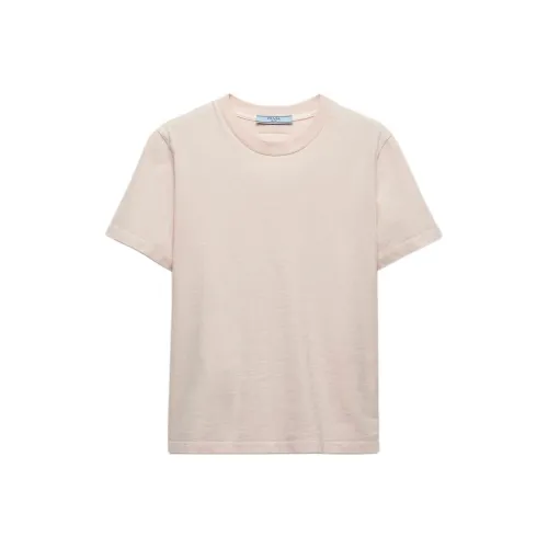 PRADA Однотонный без узора Weave Трикотажная ткань Логотип Emblem Круглый вырез Короткий рукав Т Рубашка Женские Персик