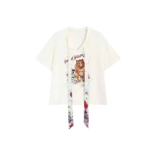 Garbege Рукав с оборванным плечом T-рубашка Женская Абрикосовый Котенок