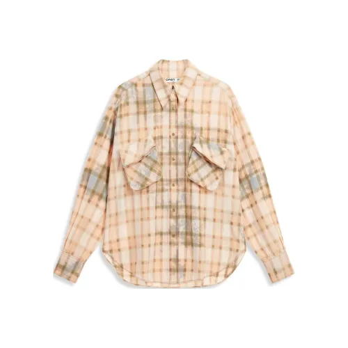 OPEN YY Выцветший Check Карман Рубашка Унисекс Лосось Лосось Цвет