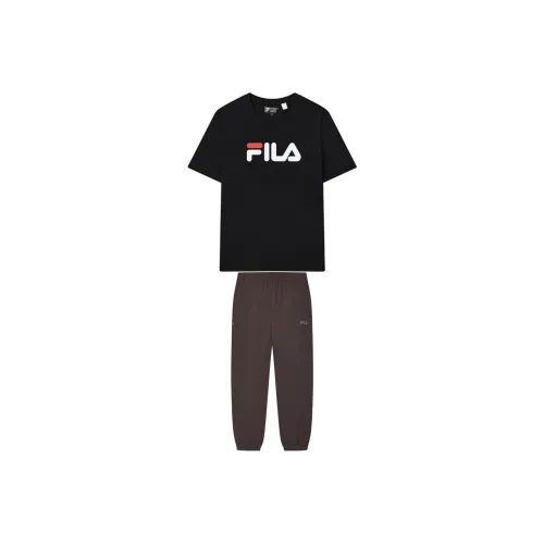 FILA Костюм Оникс Черный с короткими рукавами + Dirt Коричневые брюки унисекс повседневная спортивная одежда