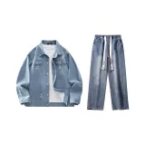 Комплект одежды (Синий деним топ + Темно-синие джинсы с эффектом вымытого)