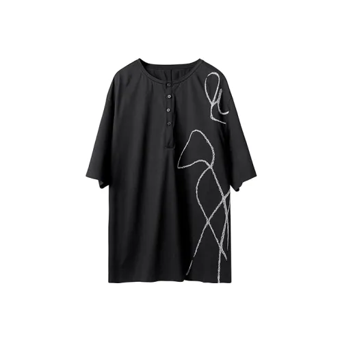 HUANXIANGZHE Вышивка Короткий рукав Свободный крой Повседневная футболка Унисекс Черная