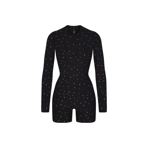 SKIMS Мягкий Lounge Пуговица Вверх Henley Комбинезон Женские ONYX SPARKLE PRINT Ониксовый мерцающий принт