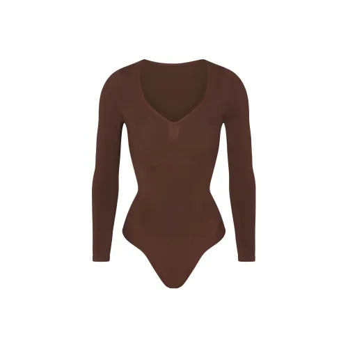 SKIMS Бесшовный Sculpt Длинный Рукав Стринг Комбинезон Женские Какао Какао