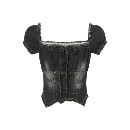 I'M ONE Буф-рукав Т-рубашка Женская Винтажный Деним Черный