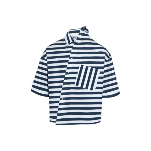 Jacquemus FW24 Асимметричная Полосатая Рубашка Женская Белая Синие Полосы Сине-Белые Полосы