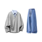 Gray Top + Dark Blue Pants  
Серый топ + темно-синие штаны