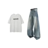 Белый, Фотиния, Серый, Топ + Синие Штаны