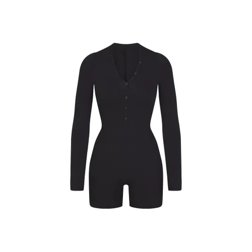 SKIMS Хлопок Джерси Пуговица Вверх Henley ONESIE Комбинезон Женские Оникс Оникс