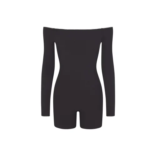 SKIMS FITS EVERYBODY PICOT Комбинированный Off The Плечо ONESIE Комбинезон Женские Оникс Оникс