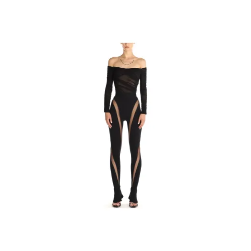 Mugler SS24 Черный Ruched Сетка Комбинезон Bodysuit Женские Черный