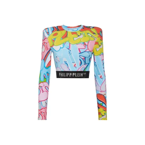 PHILIPP PLEIN Логотип Абстрактный узор Принт HIGH RISE Укороченный Длинный рукав Т-рубашка Женская Многоцветная