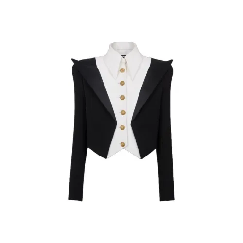 BALMAIN Cropped 6-Button Crepe Jacket Куртки Coat Женские Черный Белый