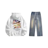 Set (White Sweatshirt + Nostalgic Blue Jeans) Fleece-Lined  
Комплект (Белый Свитшот + Ностальгические Синие Джинсы) с флисовой подкладкой
