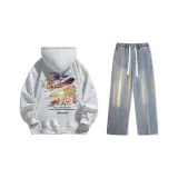 Set (Премиум Серый Свитшот + Винтаж Синий Джинсы) с флисовой подкладкой