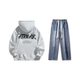 Set (Премиум Серый Флисовый Топ на Флисовой Подкладке + Темно-Синие Джинсы)