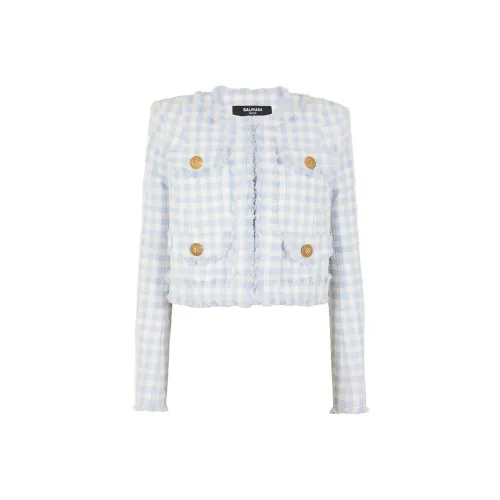 BALMAIN GINGHAM Твид Куртка Куртки Пальто Женские Светло-Синий