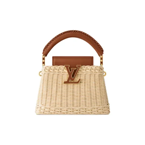 LOUIS VUITTON Capucines Ротанг и Коровья кожа Плетеная сумка Сумка на одно плечо Мини Женская Бежевая и Коричневая