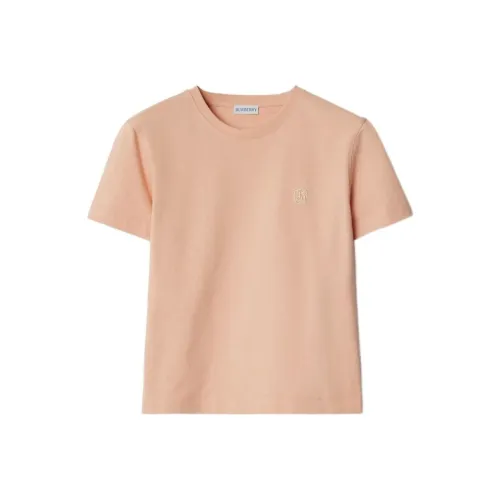 Burberry Однотонный Логотип Вышивка Круглый вырез Пуловер Короткий рукав Т-рубашка Женская Розовая