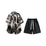 Кофейный, рубашка, черные шорты