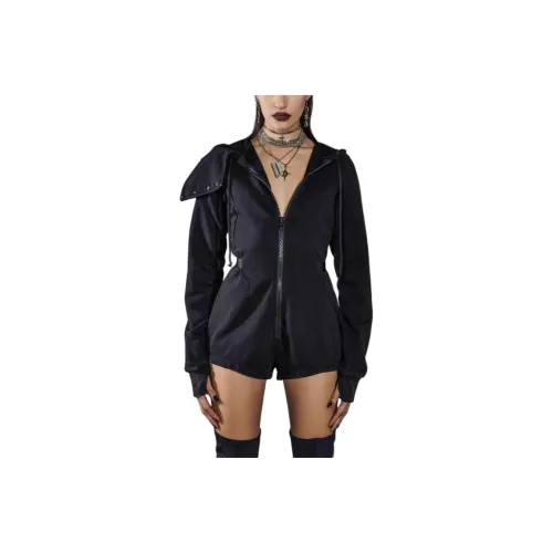 Dolls Kill SS24 DARKER WAVS Snare Long Sleeve С капюшоном Маска Romper Комбинезон Женские Черный