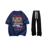 Комплект одежды (Темно-синяя рубашка с коротким рукавом + черные повседневные штаны)