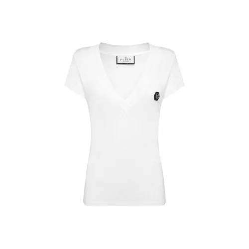 PHILIPP PLEIN Логотип V-образный вырез Прямой крой Короткий рукав Т-рубашка Женская белая