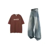 Кофейный топ + синие штаны