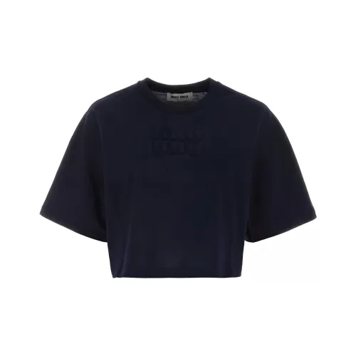 MIU MIU Однотонный Круглый вырез Пуловер Укороченный Короткий рукав Т-рубашка Женская Черная