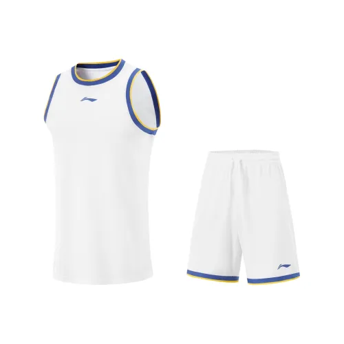LINING Professional Basketball Series Баскетбольный костюм Мужской Стандартный Белый Синий и Желтый Вязаная ткань Ремешок