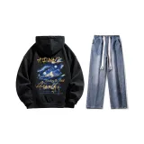Set (Black Sweatshirt + Dark Blue Jeans) Fleece-Lined  
Комплект (Черный Свитшот + Темно-синие Джинсы) с флисовой подкладкой