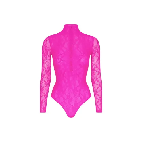 SKIMS Эластичный Кружево Подкладка Длинный Рукав Комбинезон Стринг Женские Неоновый Розовый Неоновый Розовый