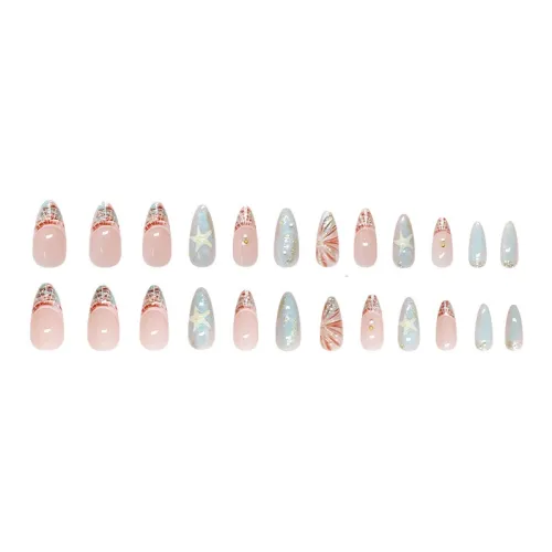 Sweet Pillow House 3D-эффект Starfish Shimmer Ocean Woven French False Nail Almond Blue Jump Color Flashing