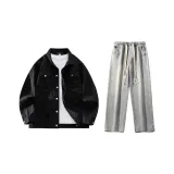 Комплект одежды (Черный деним топ + Светло-синие джинсы с эффектом вымытого)