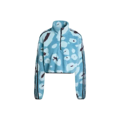 Adidas Essentials 3 Stripes Animal Print High Pile Cropped Sweatshirt Women's Blue