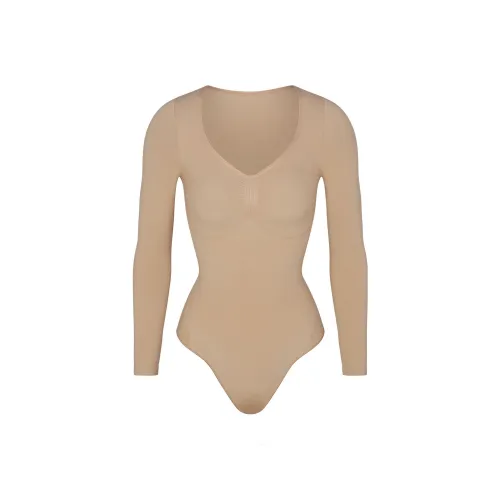 SKIMS Бесшовный Sculpt Длинный Рукав Стринг Комбинезон Женские Глина Глина