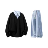 Чёрный топ + Светло-синие штаны