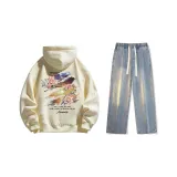 Комплект (Абрикосовый свитшот + винтажные синие джинсы) с флисовой подкладкой