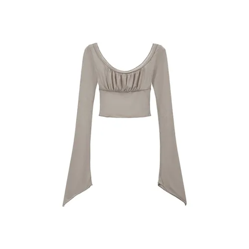 PZGE Расклешенный рукав T-рубашка Женская Кофейного цвета