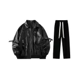 Комплект одежды (Черная кожаная куртка пальто + Черные повседневные штаны)
