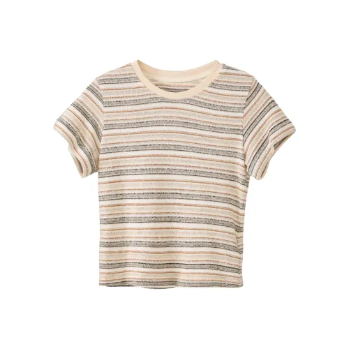 Fstudio Корейский стиль Свободный крой Круглый вырез Цветовой блок Полосы Свежий образ Молодежная Короткий рукав Рубашка Женская Абрикос