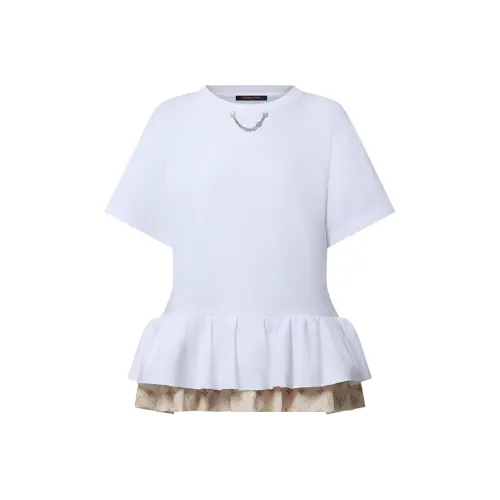 LOUIS VUITTON Цепь Украшенная с Рюшами Круглый вырез Пуловер Короткий рукав Т-рубашка Женская Белая