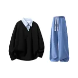 Чёрный топ + тёмно-синие штаны