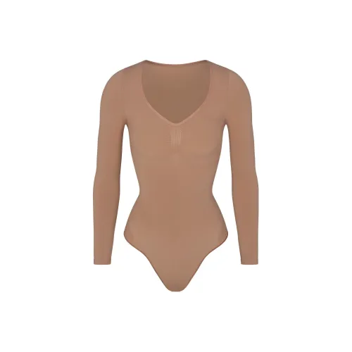 SKIMS Бесшовный Sculpt Длинный Рукав Стринг Комбинезон Женские Sienna Охра