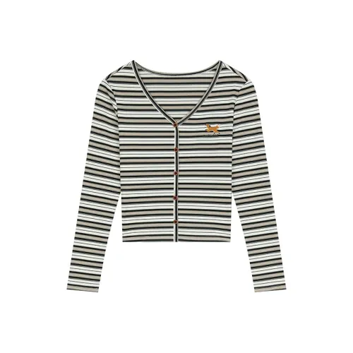 ELF SACK Цветовой блок Полосы V-образный вырез Длинный рукав Т-рубашка Женская