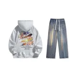 Set (Премиум Серый Свитшот + Ностальгический Синий Джинсы) с флисовой подкладкой