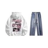 Set (White Fleece-Lined Top + Dark Blue Jeans)  
Комплект (Белый флисовый топ + Темно-синие джинсы)